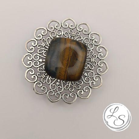 BROCHE AIMANTÉE CRÉATION UNIQUE  "œil de tigre sur médaillon argenté"