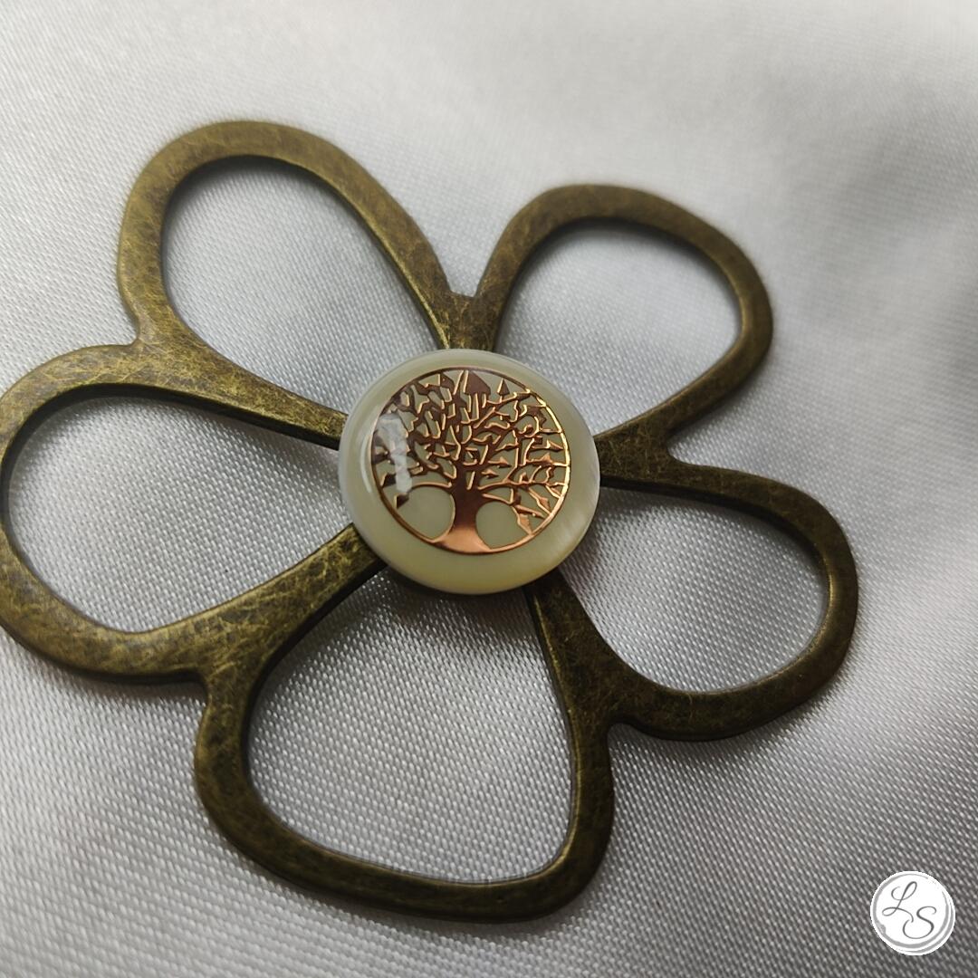 Broche aimantée "Porte lunettes fleur bronze arbre de vie nacre rose"