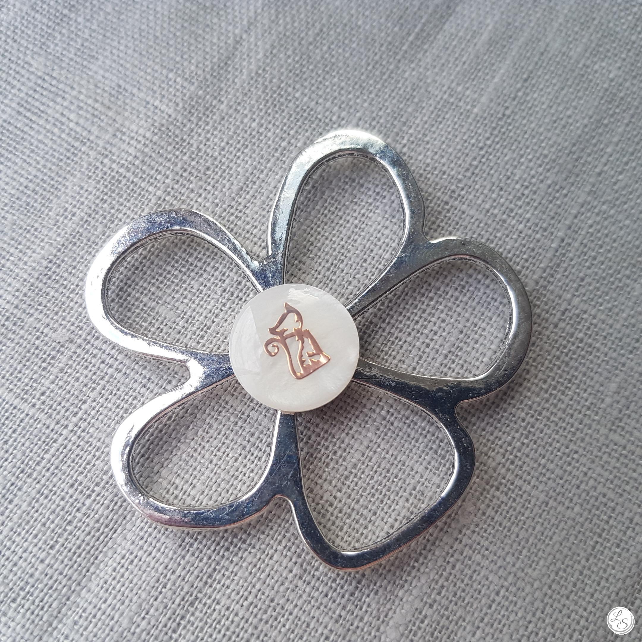 Broche aimantée "Porte lunettes fleur argent et chat or nacre"